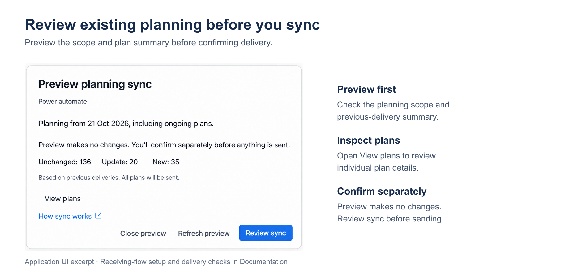 Preview popup excerpt with scope, summary and separate confirmation explained.