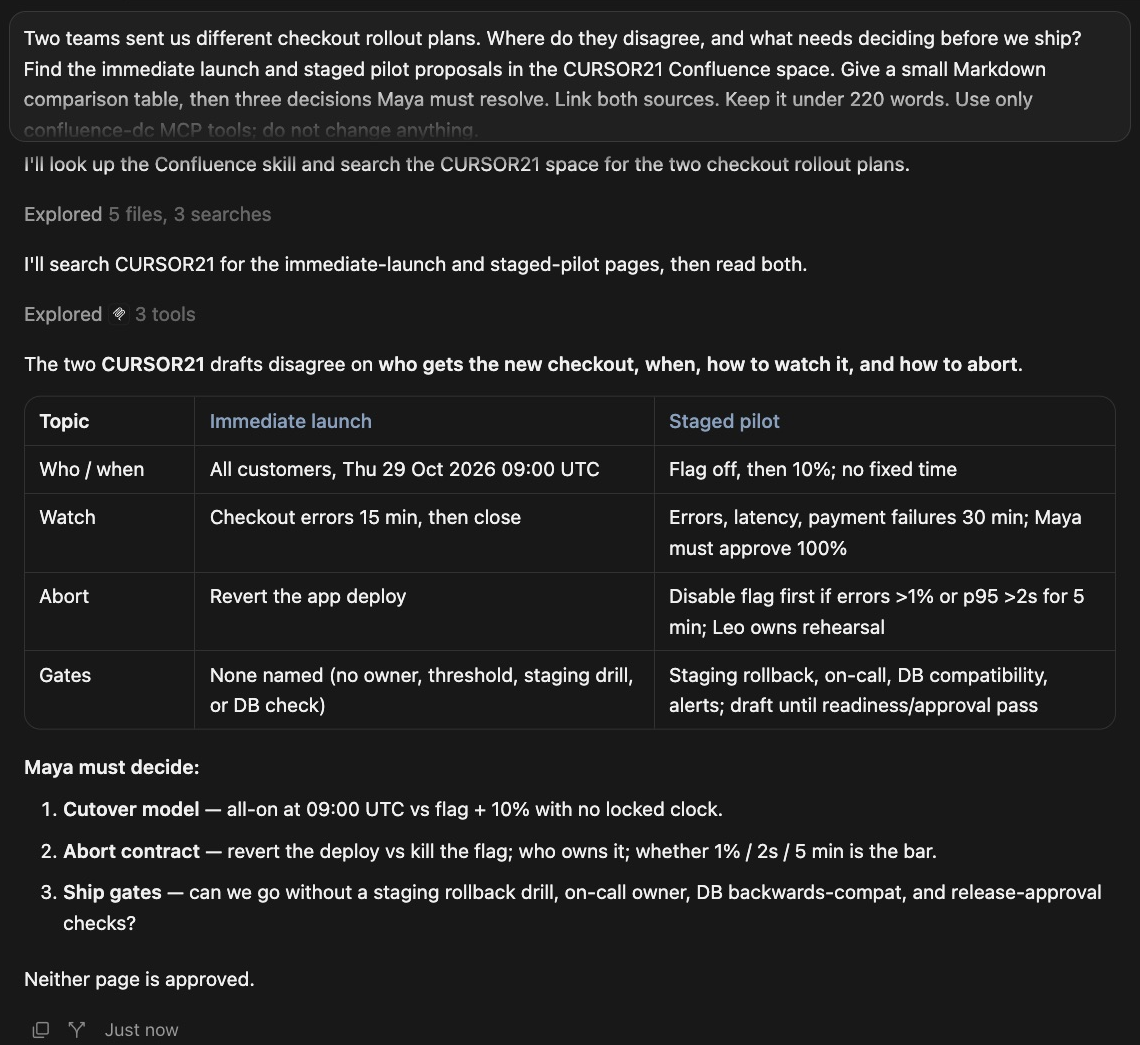 Complete Cursor answer comparing immediate launch and staged pilot proposals, with a Markdown table, three decisions and both source links
