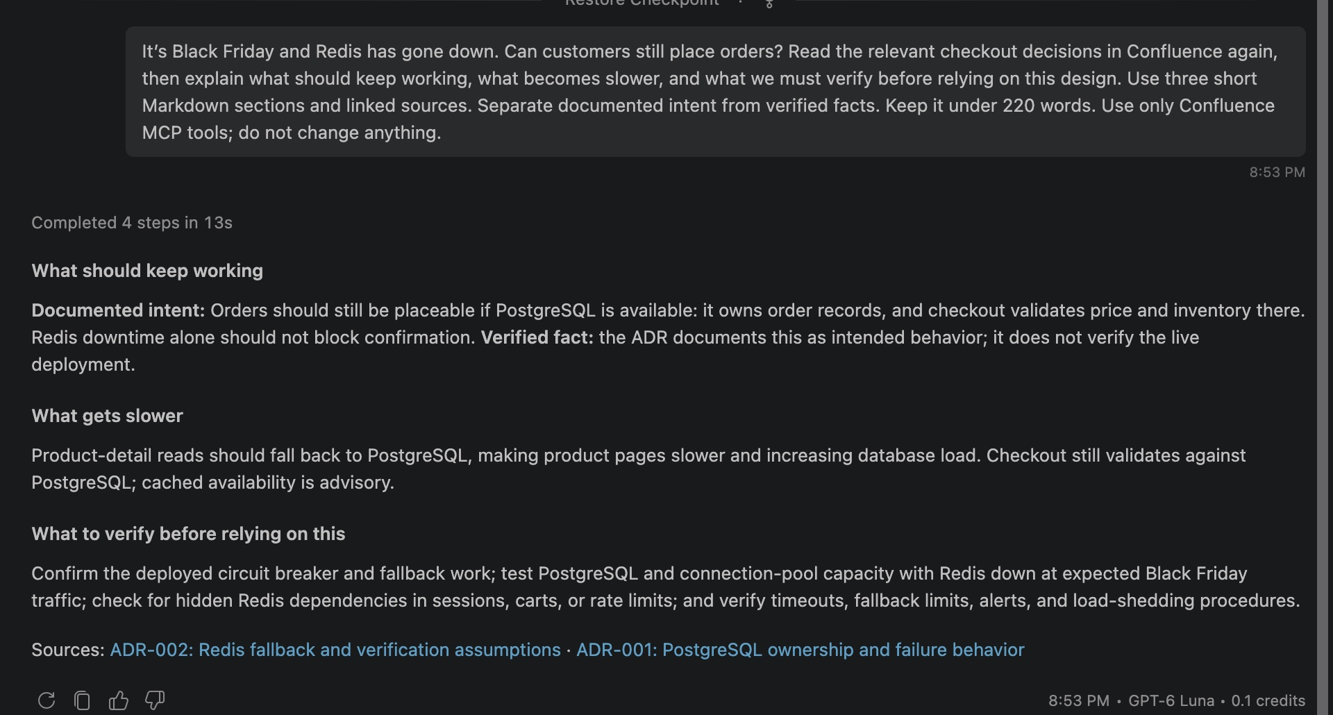 GitHub Copilot Chat in VS Code explaining Redis outage design intent, slower product reads and deployment checks.