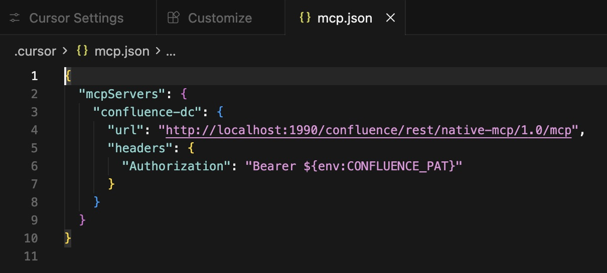Cursor MCP configuration using an environment variable instead of a saved PAT