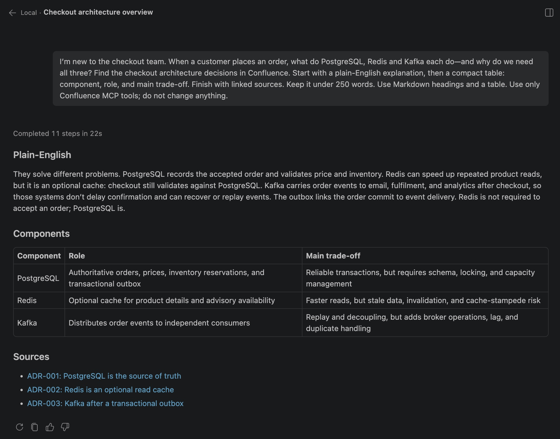 GitHub Copilot Chat in VS Code comparing three checkout components in a Markdown table with source links.