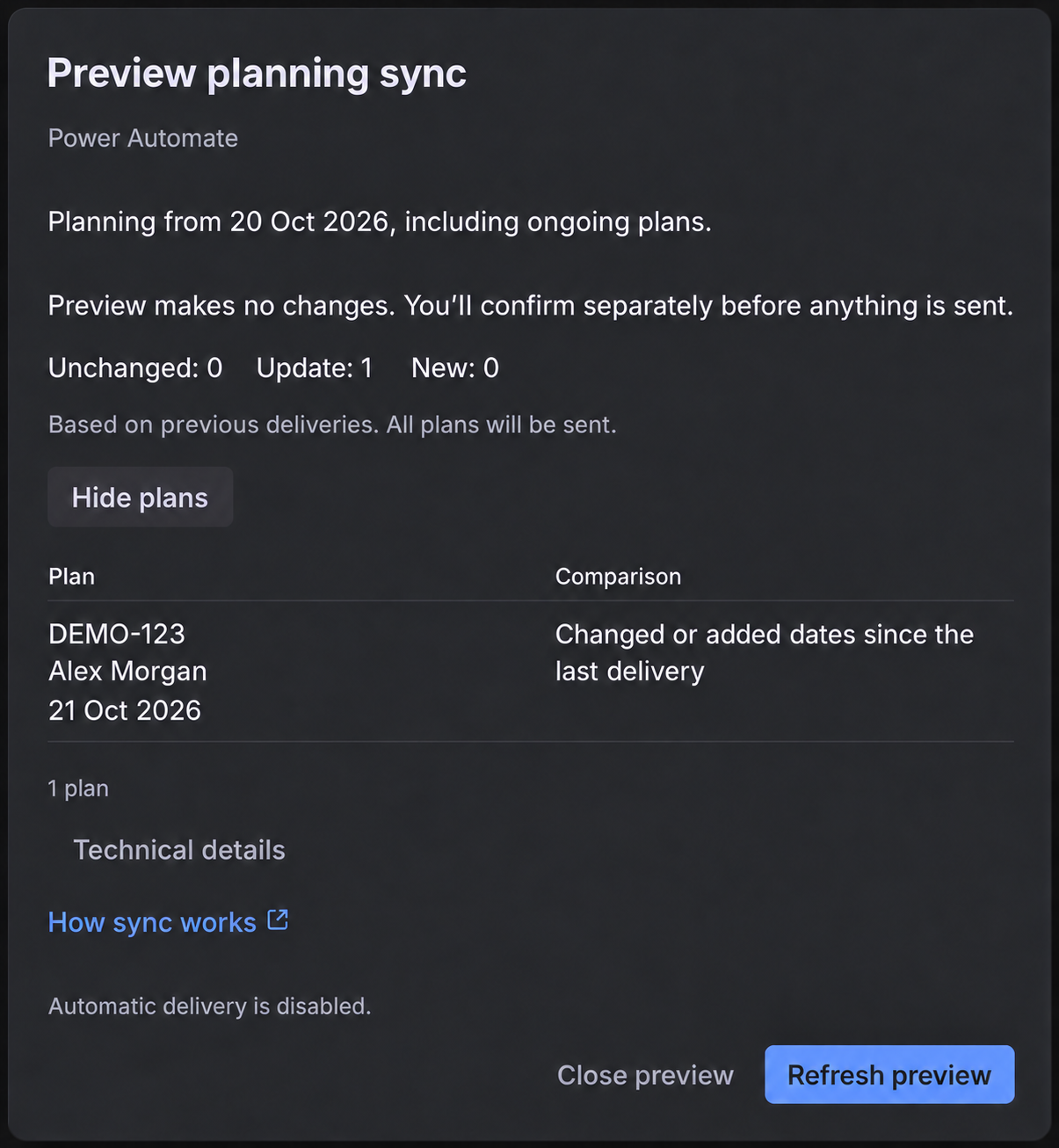 Expanded preview showing an example plan and its comparison with the last delivery.