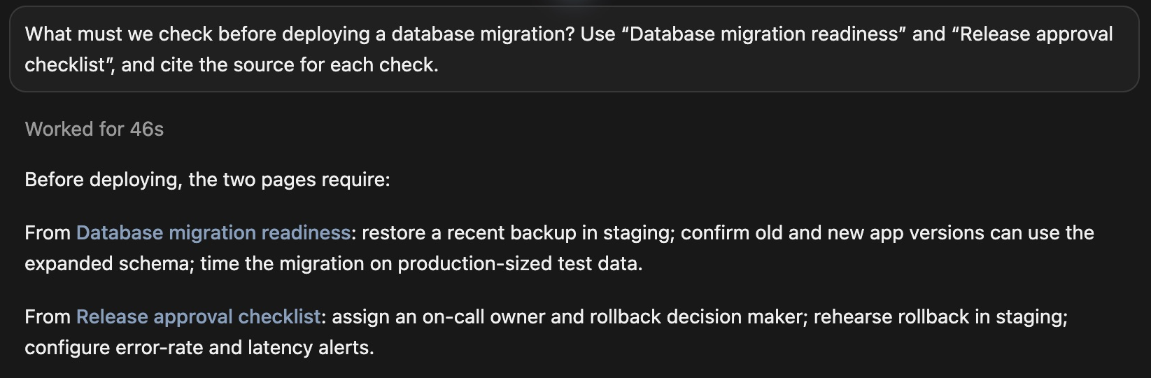 Cursor prompt and response answering a migration question from two cited checklists