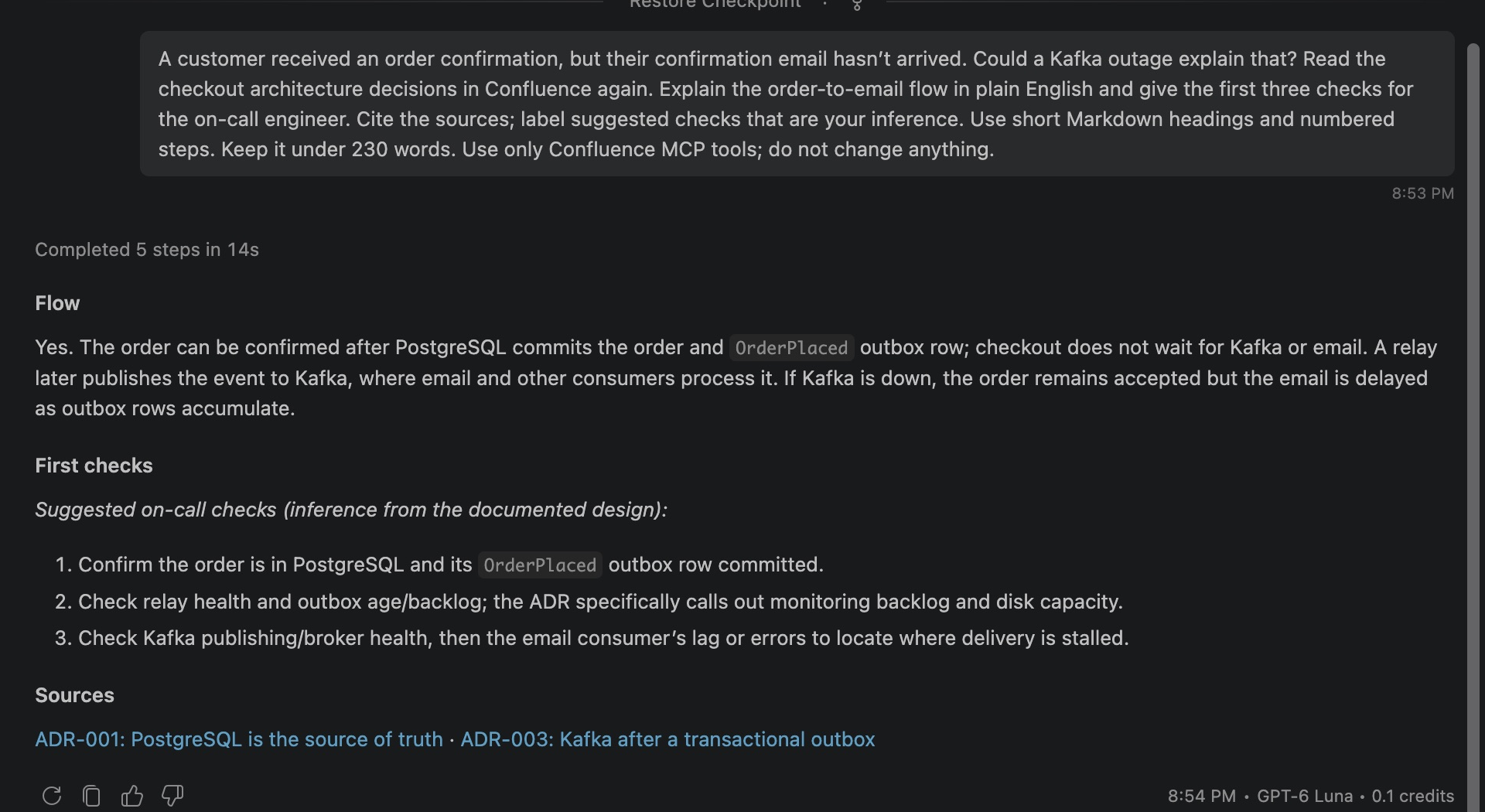 GitHub Copilot Chat in VS Code explaining the order-to-email flow and three explicitly inferred on-call checks.