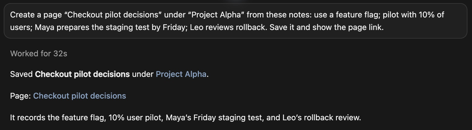 Cursor prompt and response creating Checkout pilot decisions under Project Alpha
