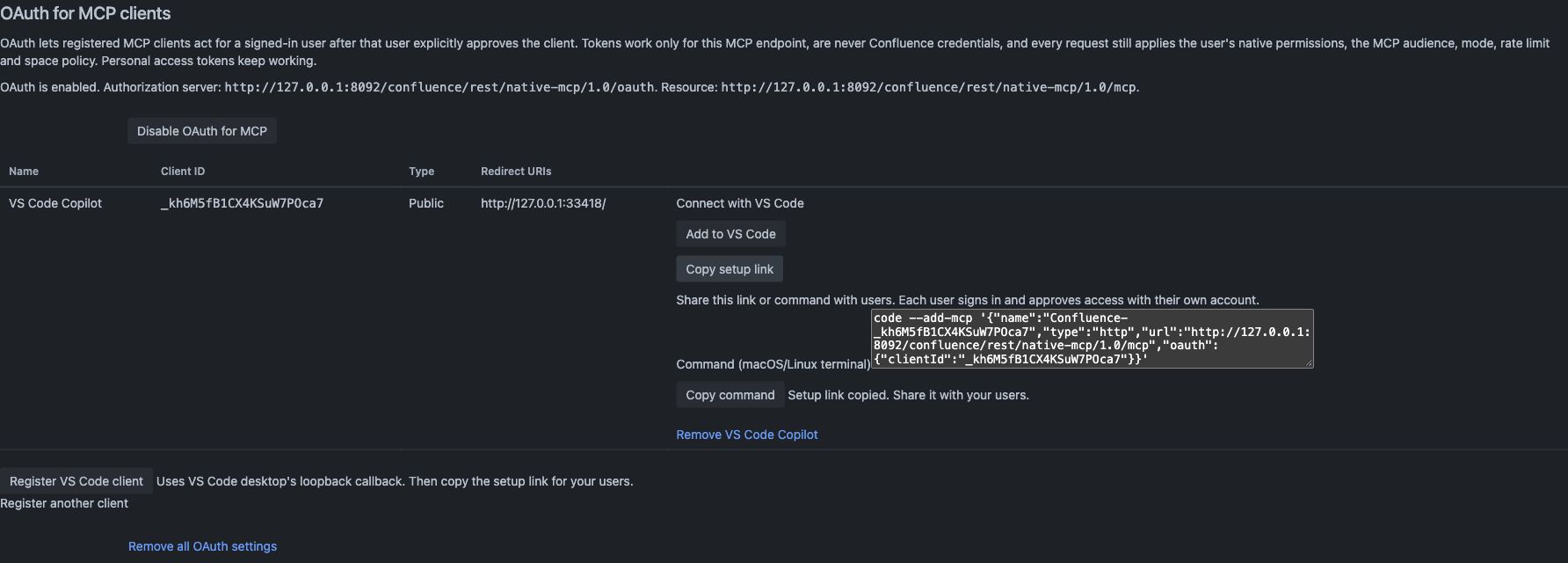 Enable OAuth, register VS Code and copy its setup link
