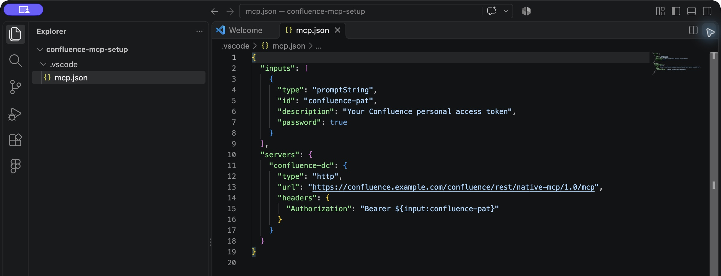 VS Code MCP configuration using a secure PAT input reference