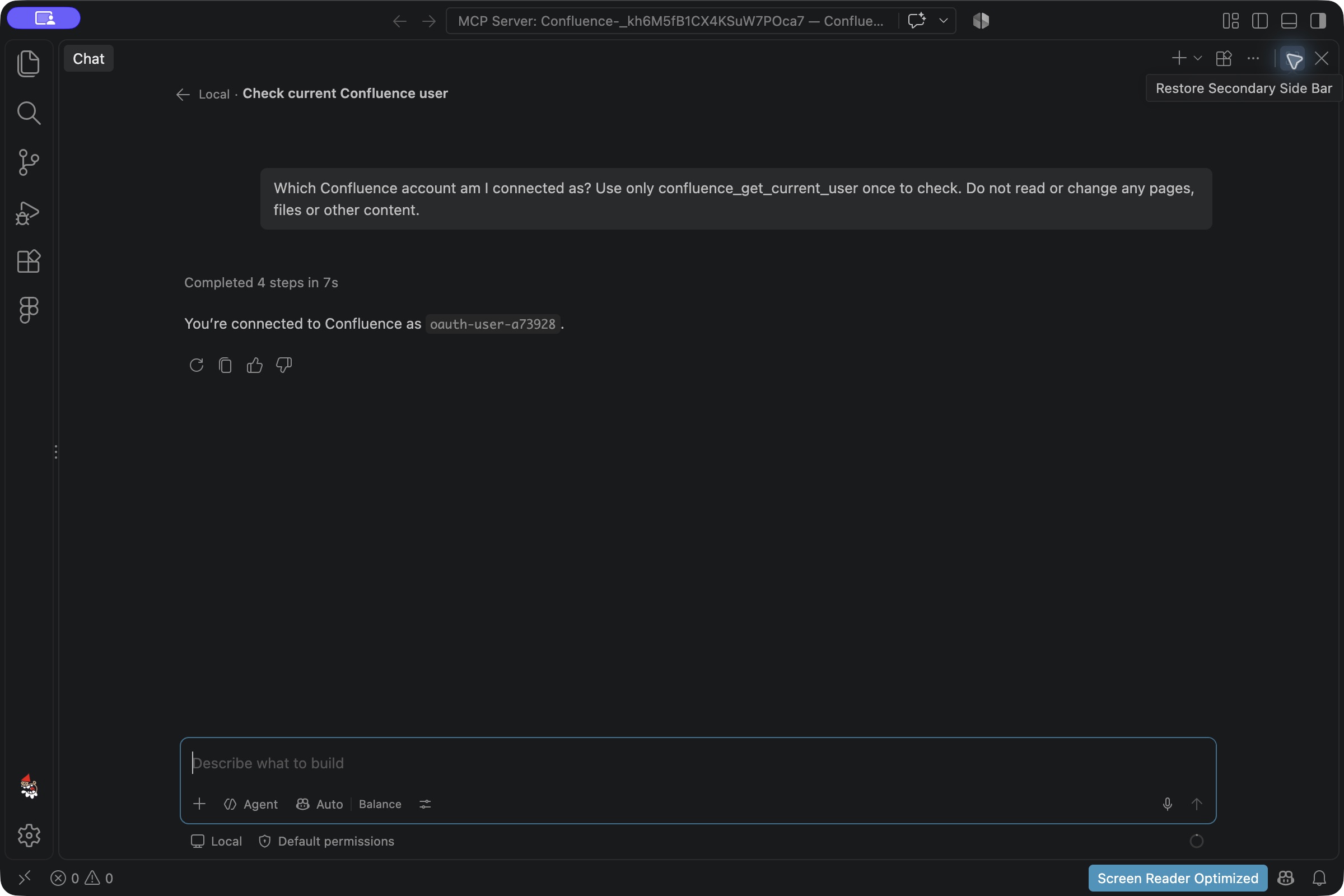 Copilot confirms the connected non-admin Confluence account