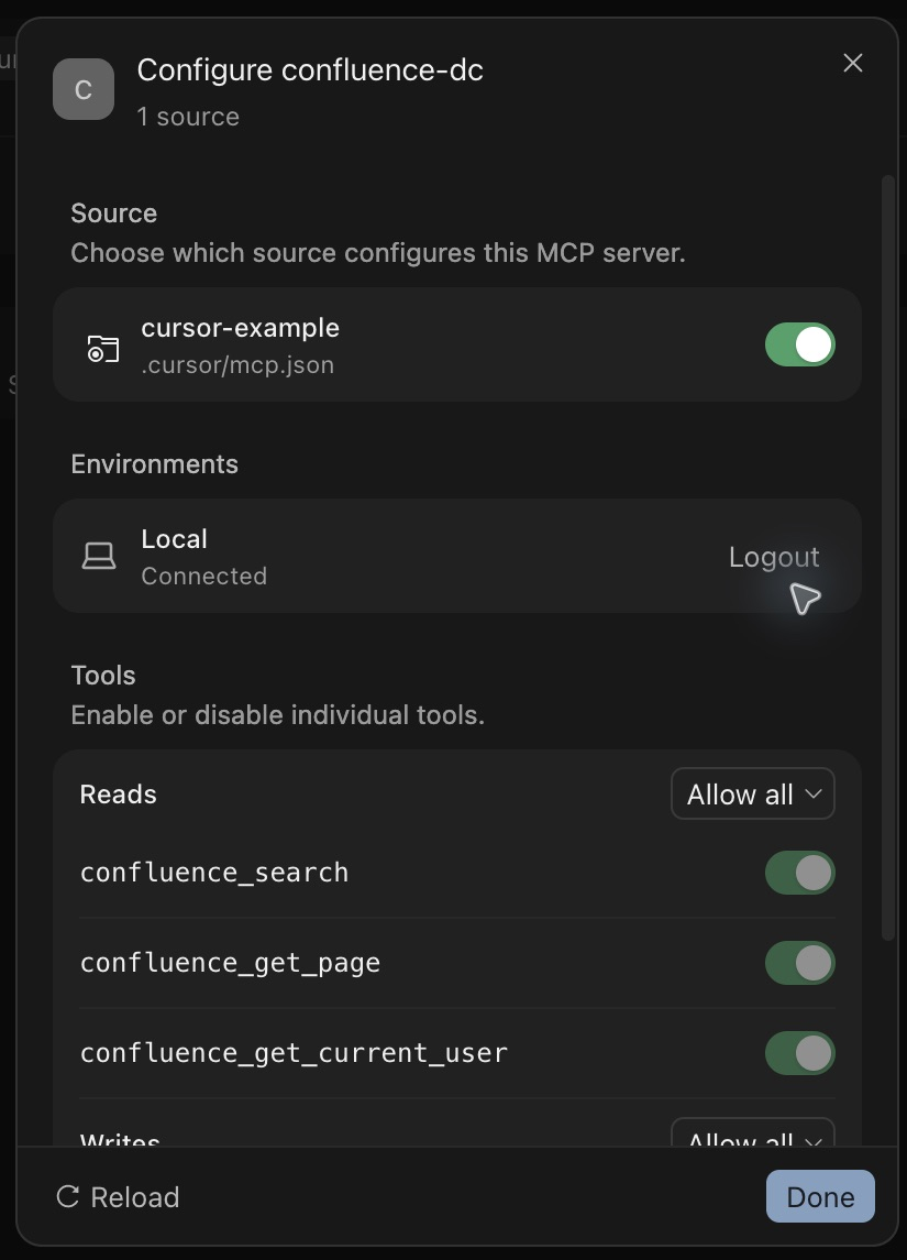 Cursor showing the enabled confluence-dc source and connected Local environment